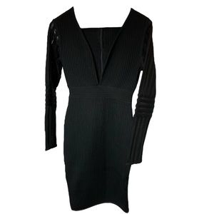 F&P Black Ribbed Dress with Plunging Neckline and Sheer Ribbed Sleeves